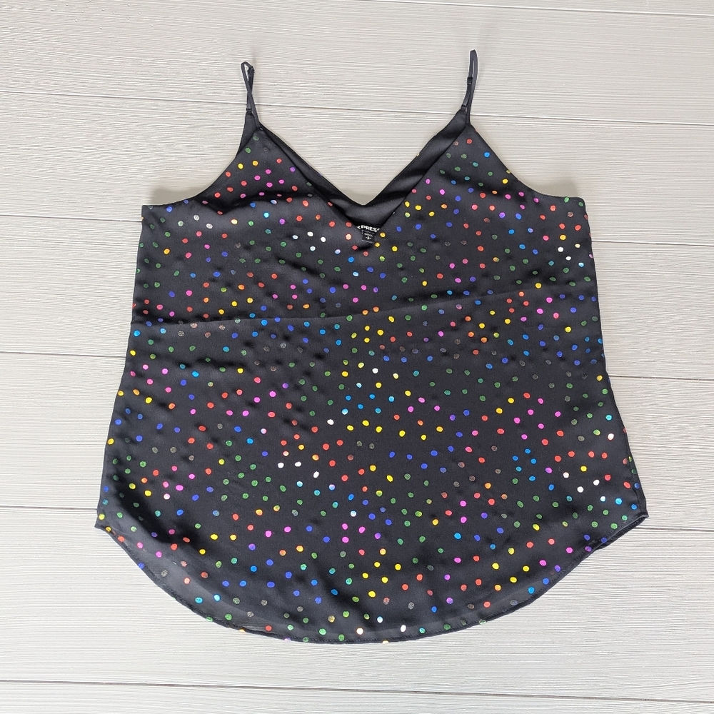 Express Womens Black Vneck Downtown Cami Multicolor Polka Dot Tank Top Small S
